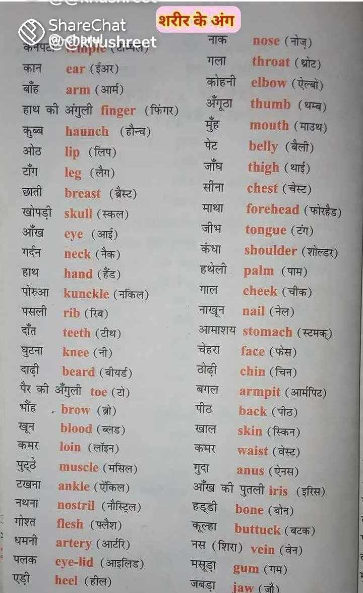 body parts name in hindi